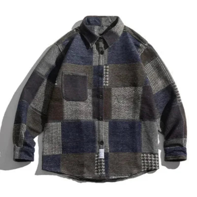 Houndstooth Spliced Patchwork Woolen Plaid Longsleeve