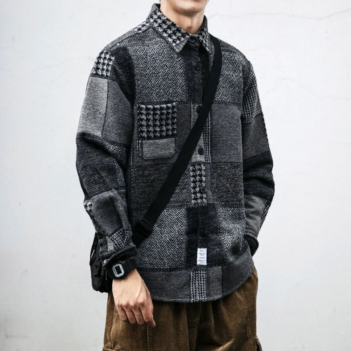 Houndstooth Spliced Patchwork Woolen Plaid Longsleeve
