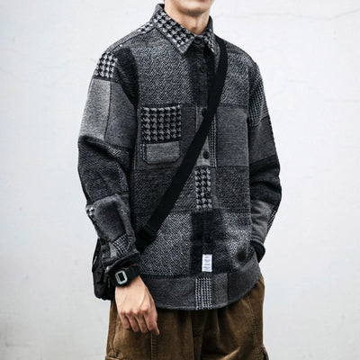 Houndstooth Spliced Patchwork Woolen Plaid Longsleeve